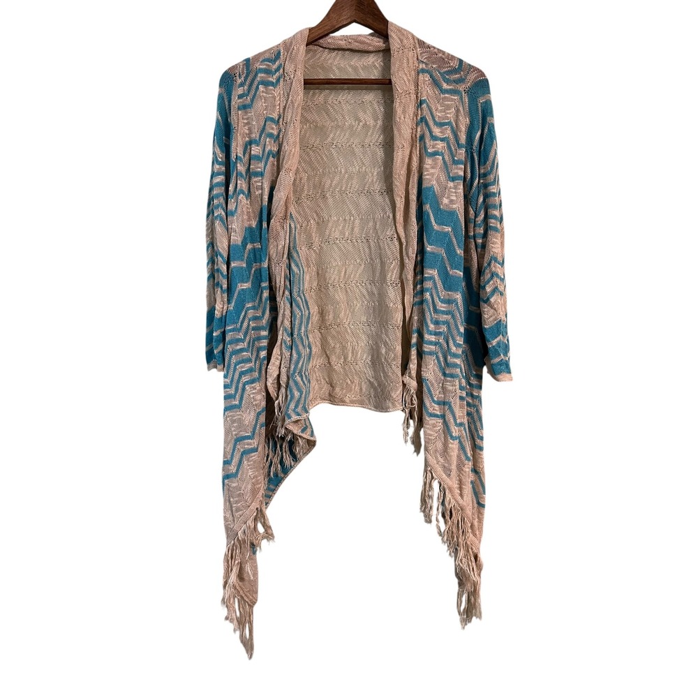 Maurices XL Duster Cardigan Sweater Kimono Fringed‎ Boho Chevron Blue Beige